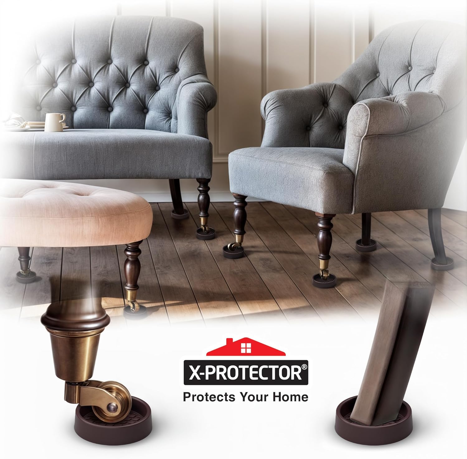 Furniture Cups X-PROTECTOR – 2.5" Caster Cups 8 PCS – Round Furniture Coasters – Ideal Bed Stoppers – Non Skid Furniture Pads with a Perfect Design – Rubber Furniture Pads - Protect Any Flooring!