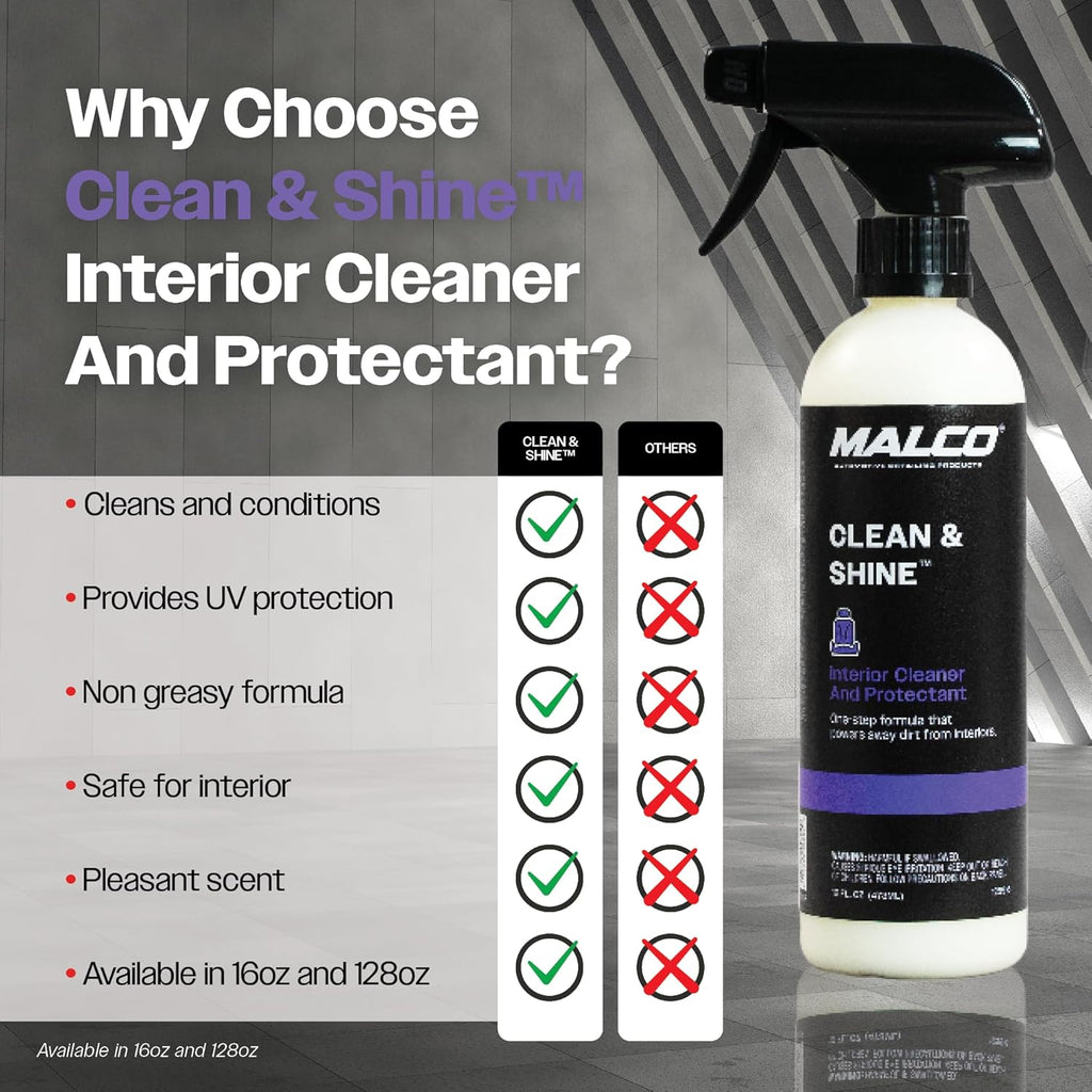 Malco Clean & Shine Interior Car Cleaner and Dressing – Restore Leather, Plastic and Vinyl Surfaces in Your Vehicle/Clean, Condition and Protect in 1 Simple Step / 1 Gallon (125901)
