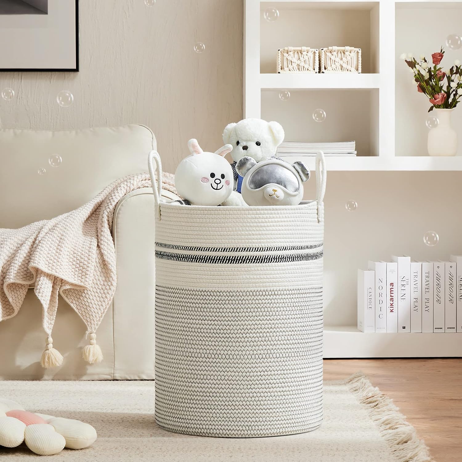 VIPOSCO Large Laundry Hamper, Tall Woven Rope Storage Basket for Blanket, Toys, Dirty Clothes in Living Room, Bathroom, Bedroom - 100L Stripe White
