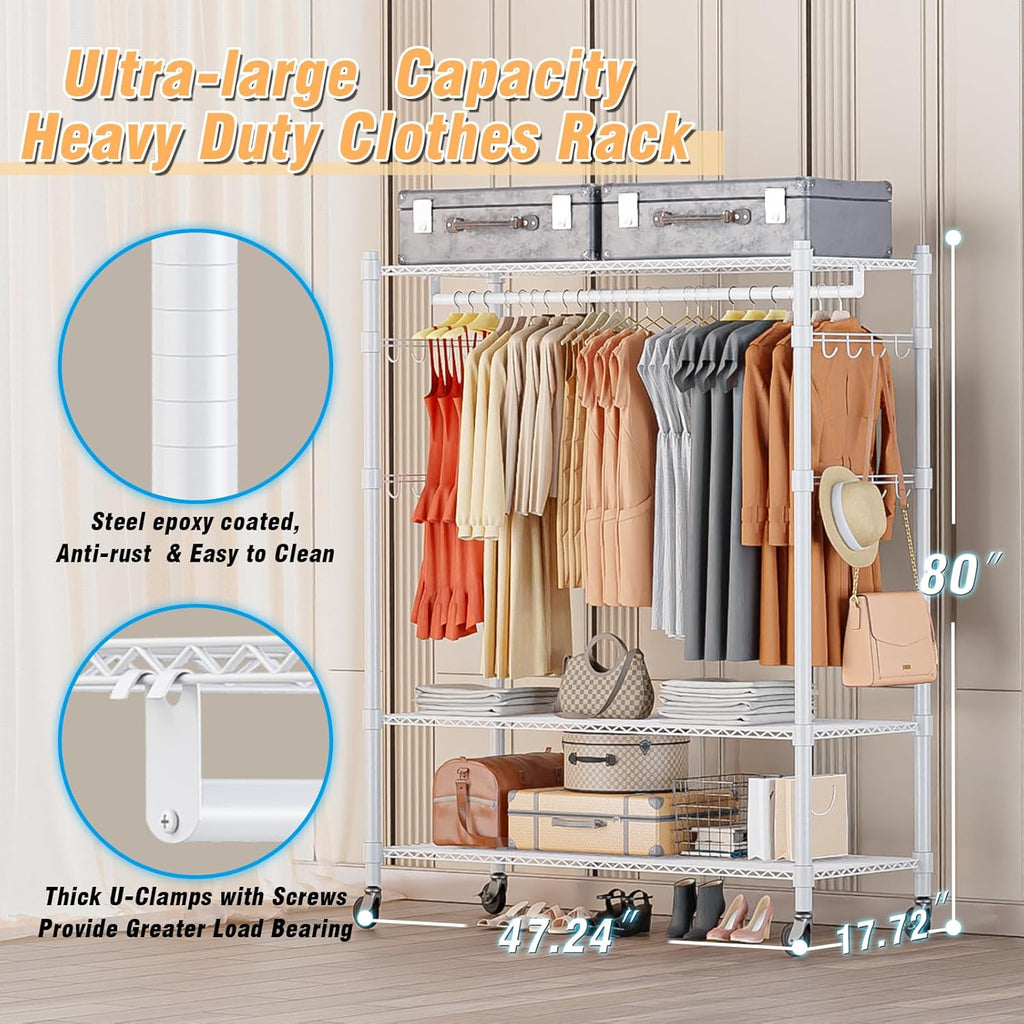 Homdox 3 Tier Garment Rack with Wheels, Portable Closets for Hanging Clothes Heavy Duty, Closet Racks and Shelving with Double Hanger Rods & Side Hooks, White
