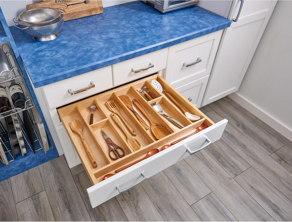 Rev-A-Shelf Trim-to-Fit Silverware Drawer Organizer For Kitchen Utensils, Cutlery Cabinet Storage Divider Insert, 33.13 x 22 In, Maple Wood, 4WUT-36-1