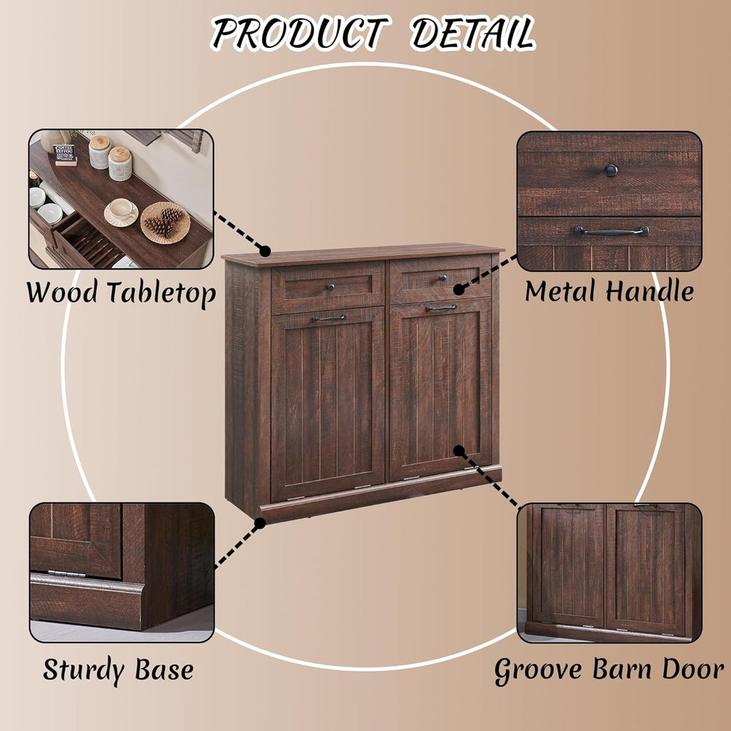 Double Tilt Out Laundry Hamper Cabinet, 20 Gallon Farmhouse Trash Can Cabinet with Drawer, Hidden Wood Garbage Can Bin Cabinet with Laundry Storage Basket for Bathroom, Kitchen, Brown