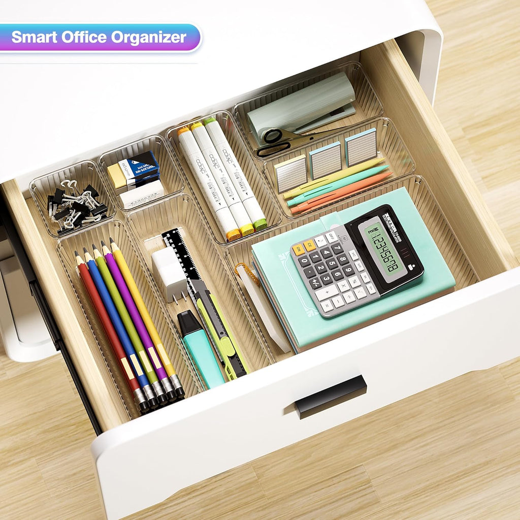 25 PCS Clear Plastic Drawer Organizer Set - 4 Sizes Makeup Organizer Desk Drawer Divider Bathroom Organizers and Storage Bins for Makeup, Jewelry, Gadgets, Office, Kitchen, Bedroom, Bathroom