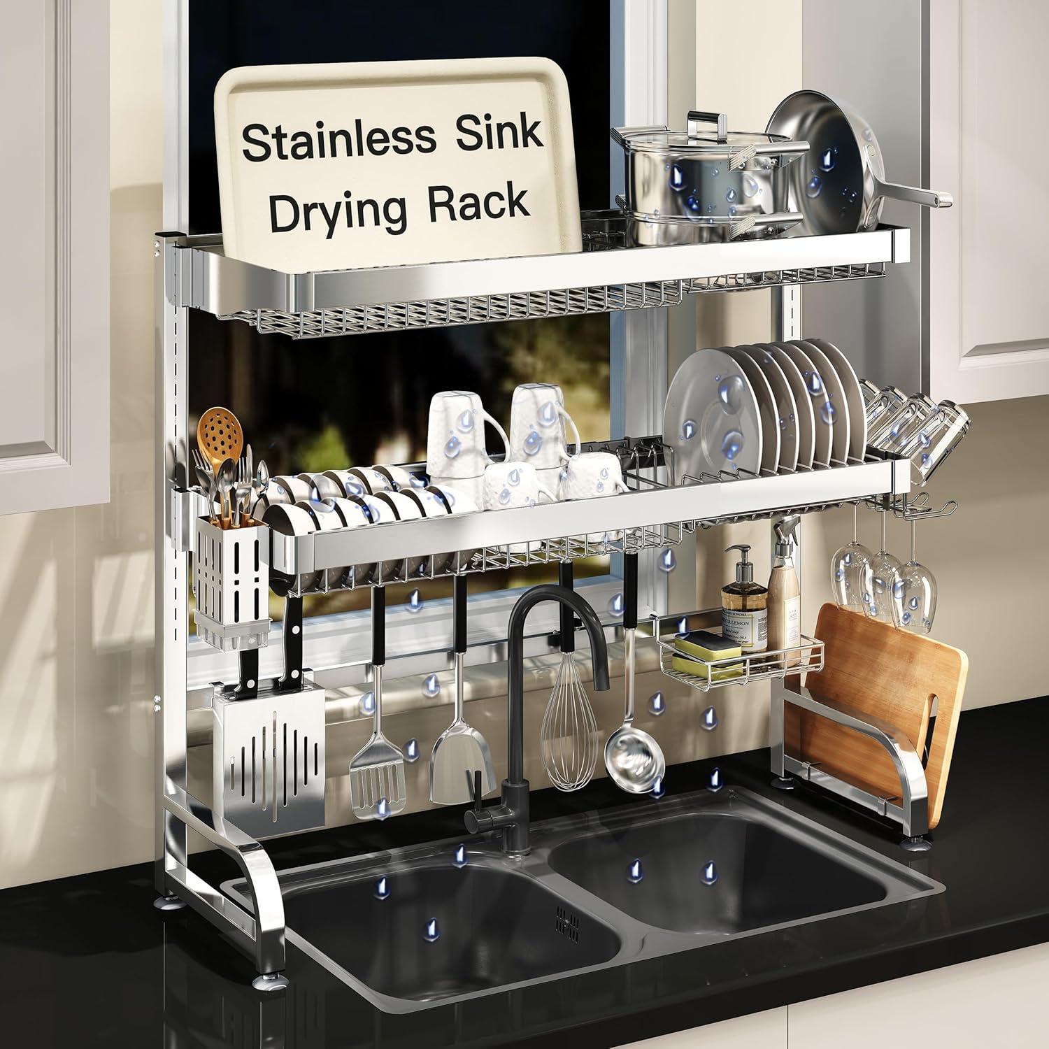 3 Tier Extra Large Stainless Steel Expandable Over The Sink Dish Drainer Drying Rack, Rust Proof Metal, Space Saving, Modern Silver Big Capacity Extendable Plate Strainers Above Kitchen Counter
