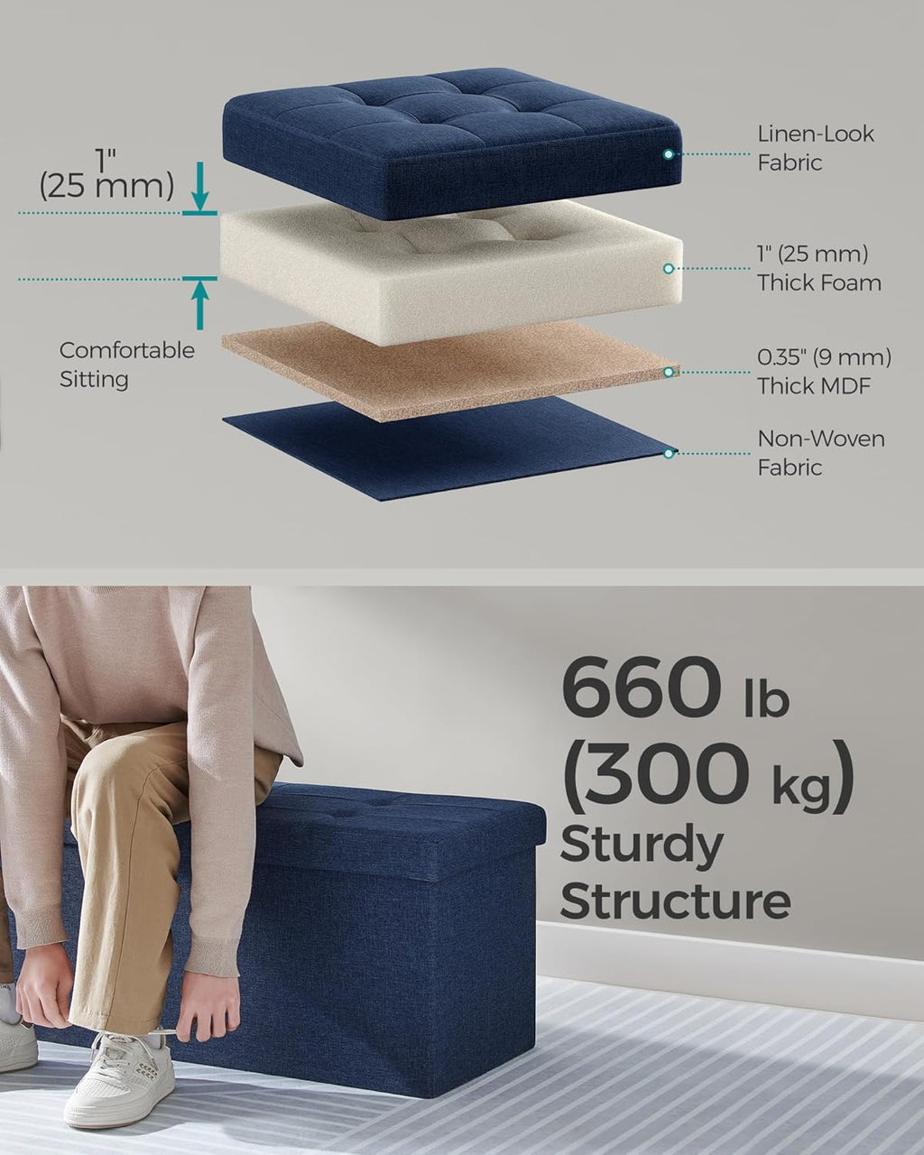 SONGMICS Mazie Collection - 43 Inches Storage Ottoman, Foldable Storage Bench with Flipping Lid, 660 lb Load Capacity, for Entryway, Living Room, Bedroom, Midnight Blue ULSF076Q02