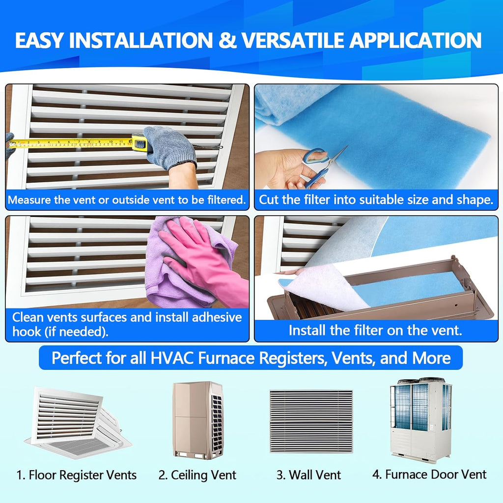 18" x 90" Air Vent Filters, Cut to Fit Air Filter (55+ Filters), MERV 8 Triple Vent Filter for Home Floor, Ceiling, RV, HVAC Furnace Vents, With Adhesive Hook Tape and Installation Tape