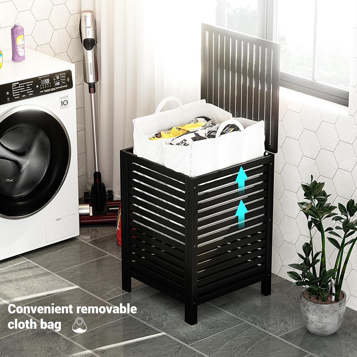 Homykic Bamboo Laundry Hamper with Lid, 120L Large Clothes Laundry Sorter with Removable 2-Section Liner Bag, Raised Laundry Basket Organizer for Clothing, Bathroom, Bedroom, Laundry Room, Black