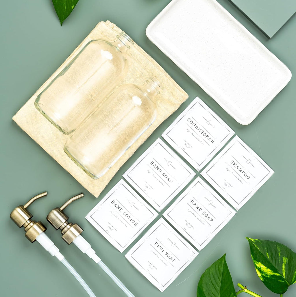 Vine Creations Glass Soap Dispenser, 2 Pack Kitchen Soap Dispenser Set with Ceramic Tray, Stainless Steel Pump, Dish Soap and Hand Soap Dispensers for Bathroom or Kitchen Decor with Waterproof Labels
