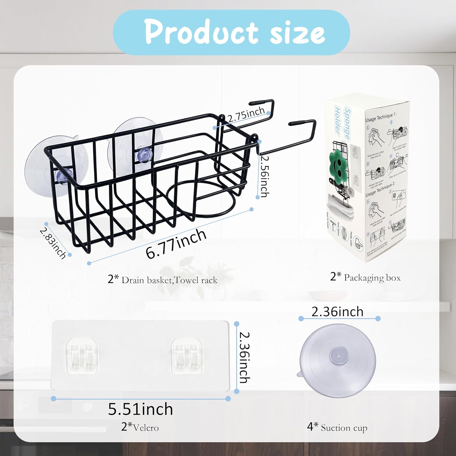 Sponge Holder with Dish Cloth Hanger for Kitchen Sink, in-Sink Caddy Organizer with Suction Cups & Adhesive Strips, Rustproof Sponge Rack for Soap, Brush, Scrubber - Black（2 Pack）