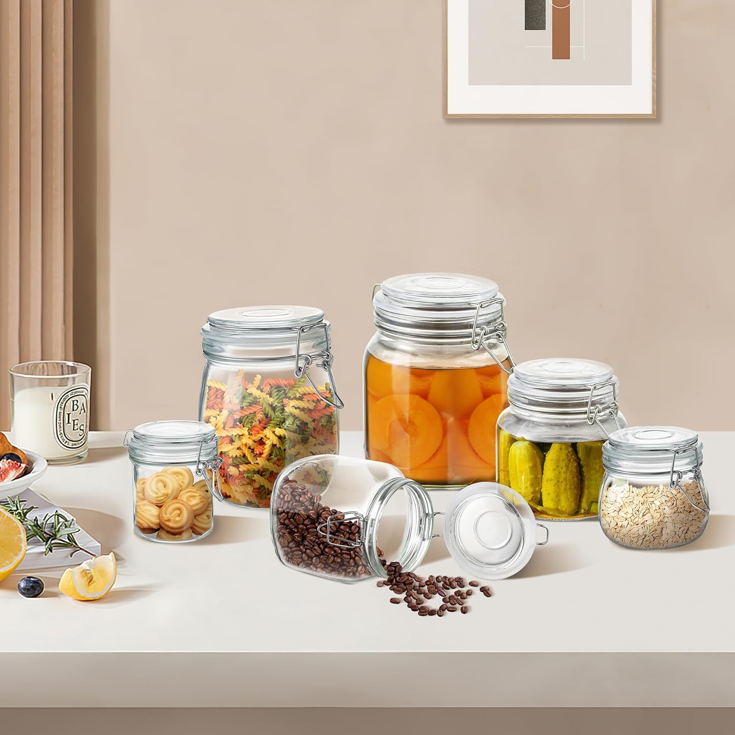 Glass Food Storage Jars with Airtight Lids 25 oz Square 4 Pack Kitchen Storage Containers Cabinet Canisters Sealed Pot Canning for Pasta, Cereal, Coffee, Beans, Spice