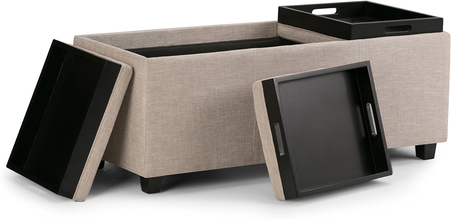 SIMPLIHOME Avalon 42 inch Wide Contemporary Rectangle Storage Ottoman in Natural Linen Look Fabric, Assembled, for the Living Room, Entryway and Family Room