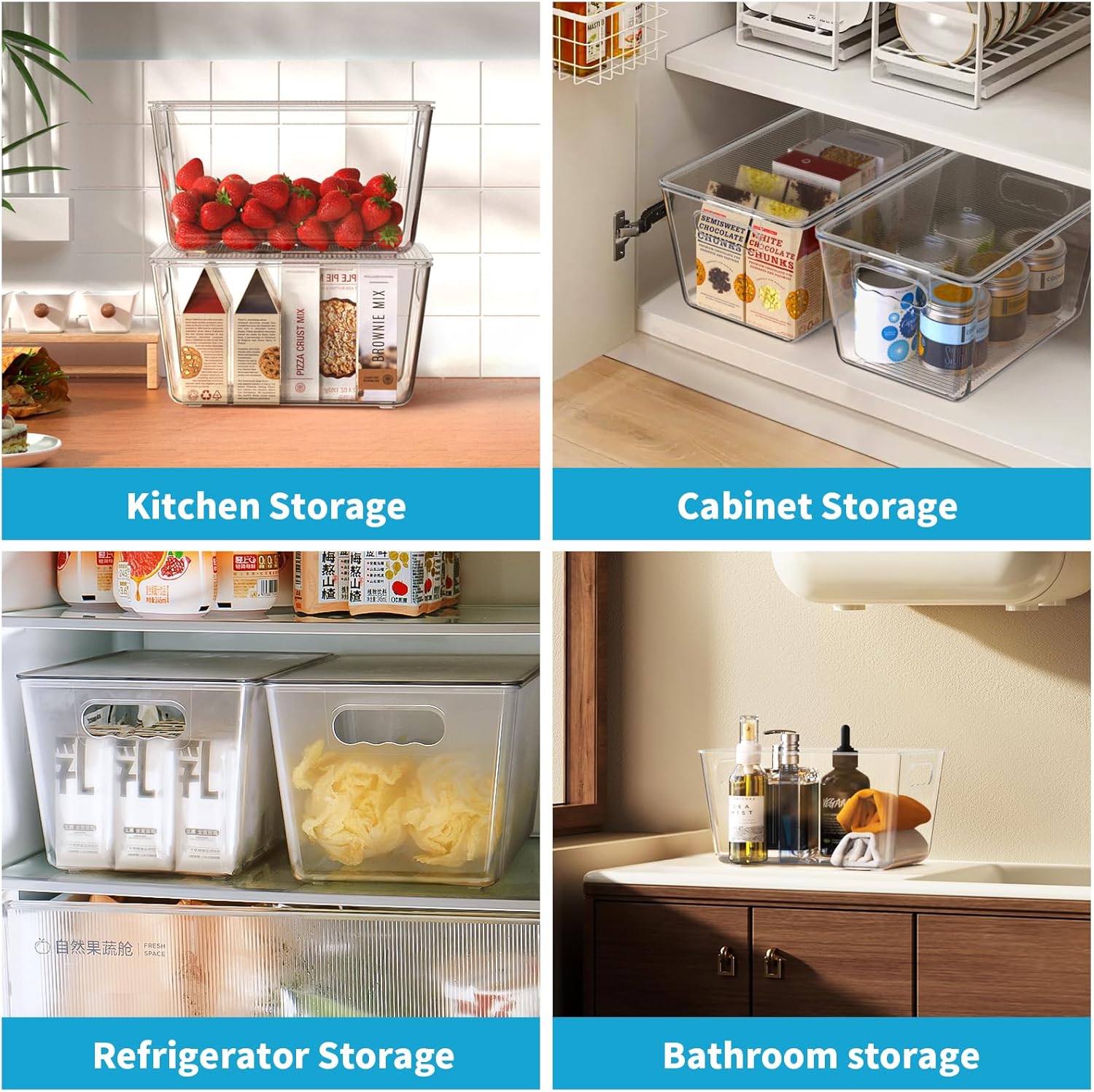 Clear Plastic Storage Bins, Pantry Organizers & Storage Containers, Cabinet Organizer, Home Organization Must Haves for Kitchen, Laundry Room, Office, Closet & Freezer (4 Pack with Lids)