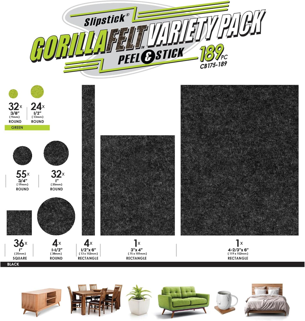 Slipstick Gorilla Felt Furniture Pads (189 Piece Variety Pack) Premium Furniture Pads & Chair Leg Floor Protectors for Hardwood Floors & Hard Surfaces