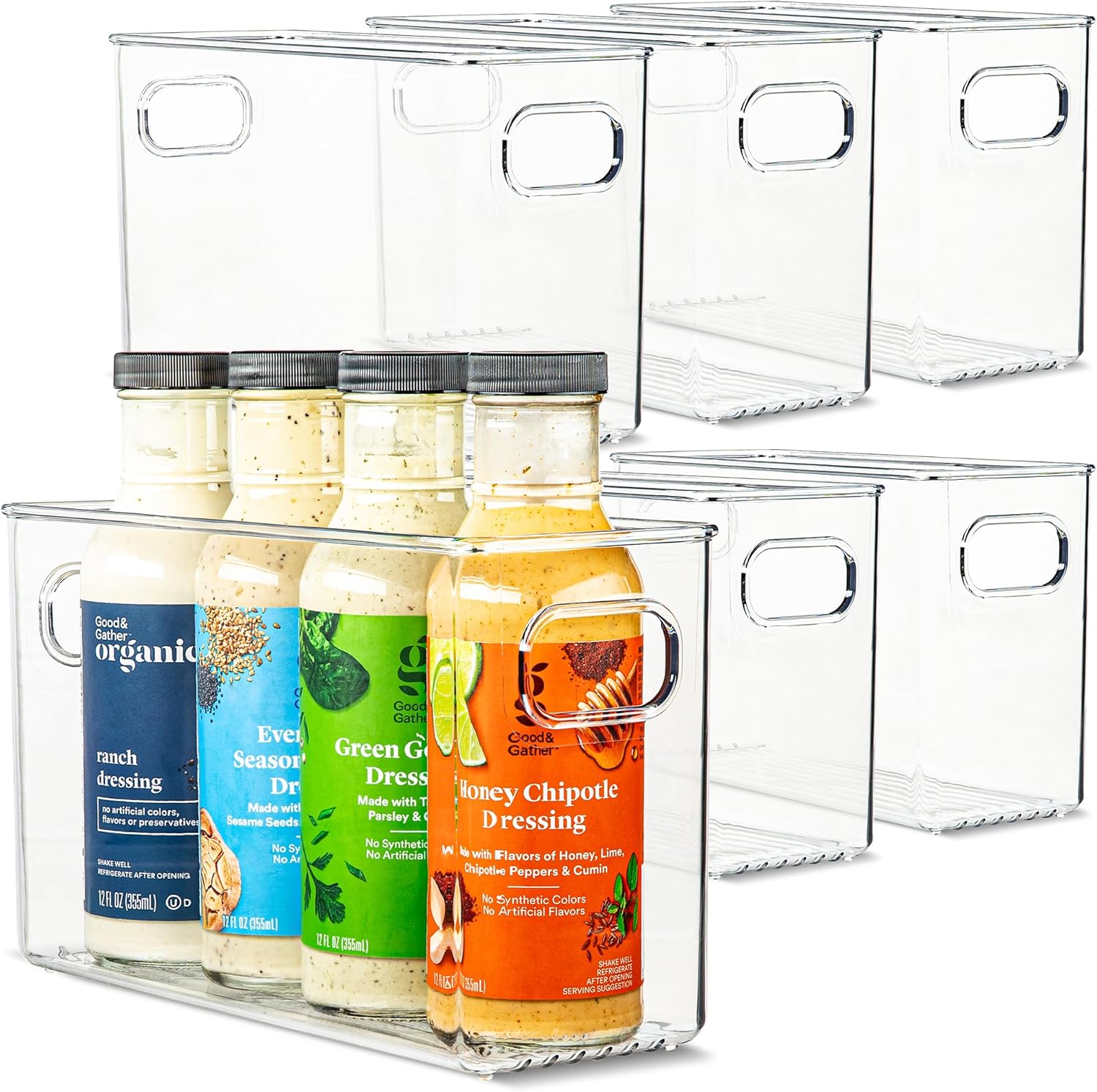 Plastic Food Storage 6 Pack Clear Container Bin with Handles for Organizing Kitchen, Pantry, Refrigerator, Freezer, Pantry, Cabinet, Closet, Bathroom. 10”x4”x6”