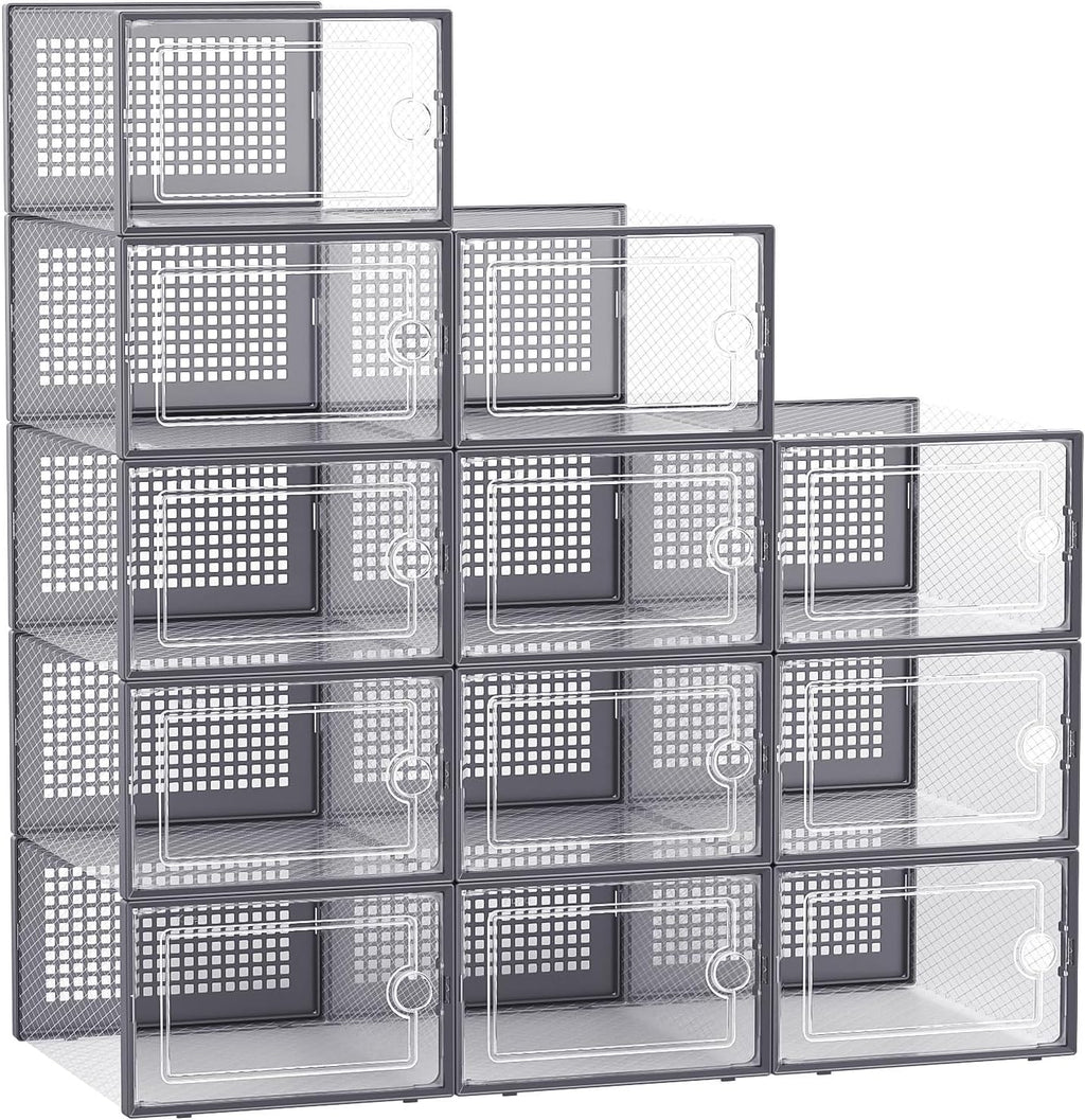 Kuject Large Shoe Organizers Storage Boxes for Closet, 12 Pack Clear Plastic Stackable Storage Bins with Lids, Under Bed Shoe Containers for Entryway, Drop Front, Fit up to Women's Size 10,Dark Gray
