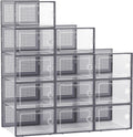 Kuject Large Shoe Organizers Storage Boxes for Closet, 12 Pack Clear Plastic Stackable Storage Bins with Lids, Under Bed Shoe Containers for Entryway, Drop Front, Fit up to Women's Size 10,Dark Gray