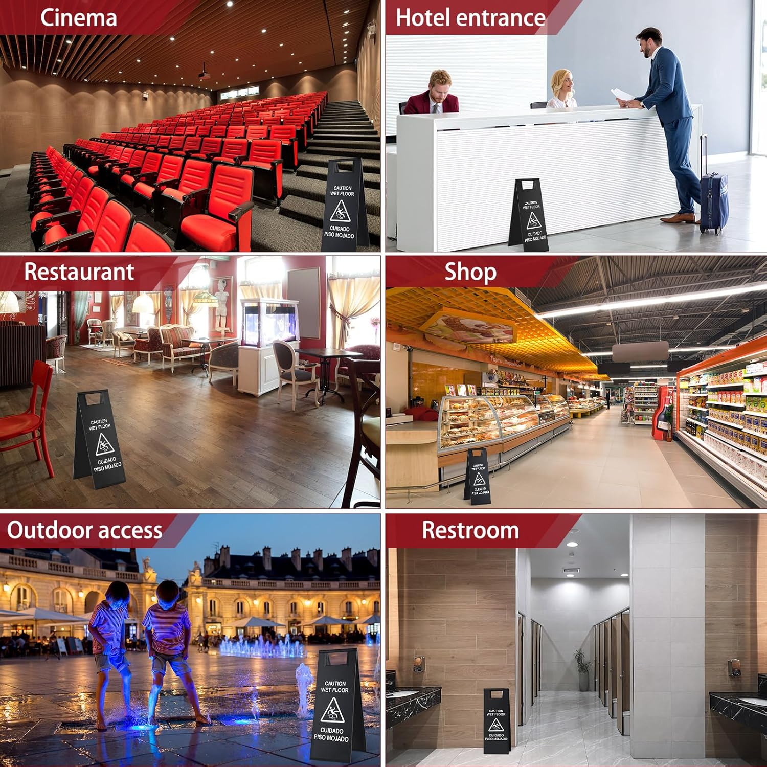 8 Pcs 24 Inch Stainless Steel Wet Floor Sign 8.8 Pound Caution Wet Floor Sign Bulk Double Sided Portable Foldable Bilingual Safety Warning for Kitchen Restaurant Restroom Avoid Fall(Black)