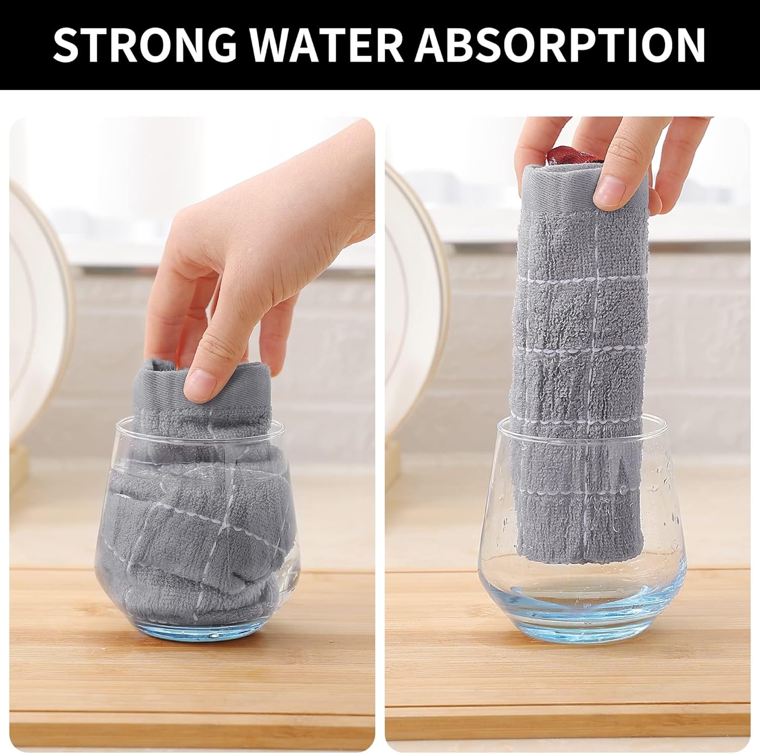 Homaxy 100% Cotton Terry Kitchen Towels(Light Grey, 13 x 28 inches), Checkered Designed, Soft and Super Absorbent Dish Towels, 6 Pack