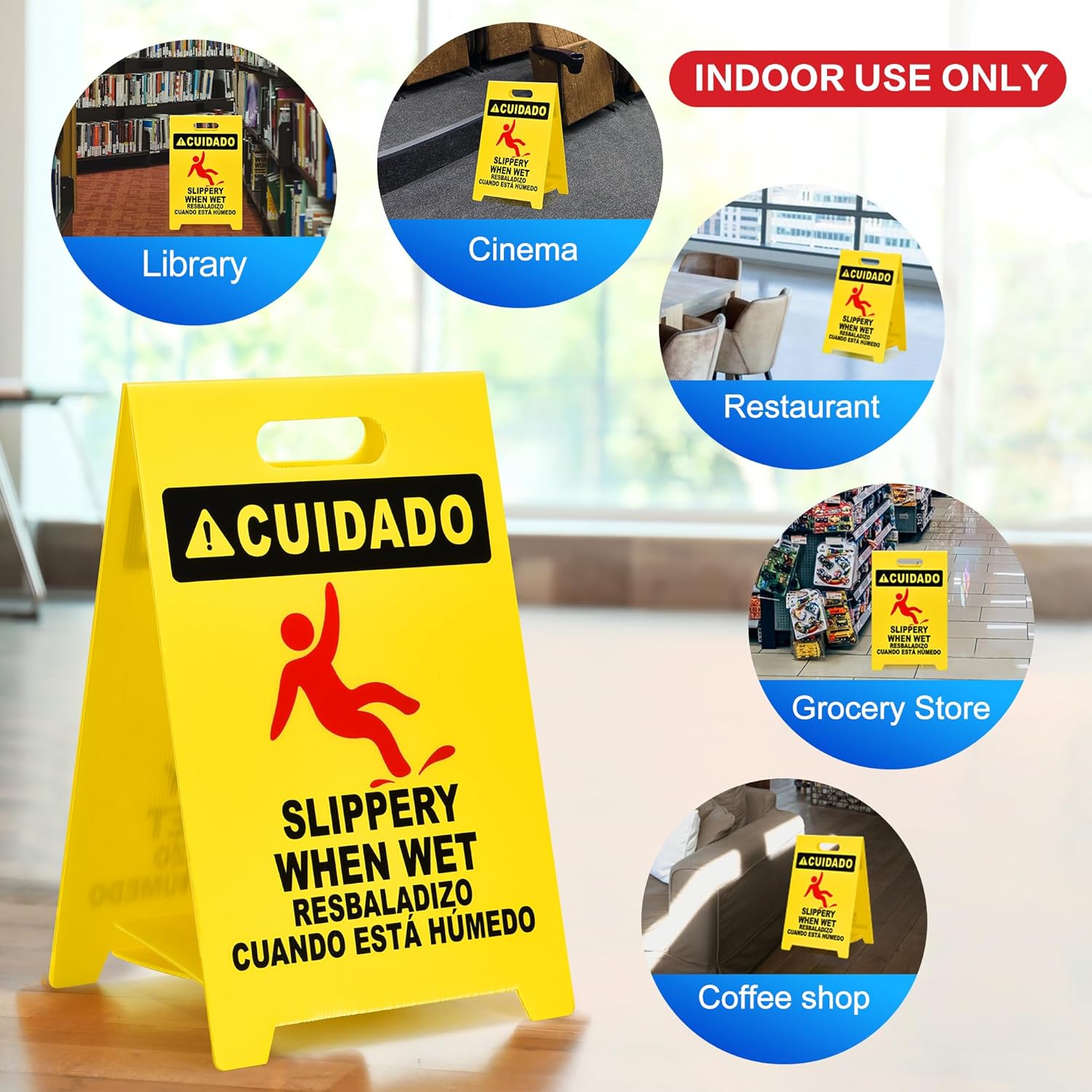 MATTHEW CLEANING 19'' Industrial Wet Floor Sign Standalone 2-Sided Durable Corrugated Plastic Birght Yellow Multilingual Warning Signs Commercial Caution Wet Fold-out Floor Signs For Indoors Only