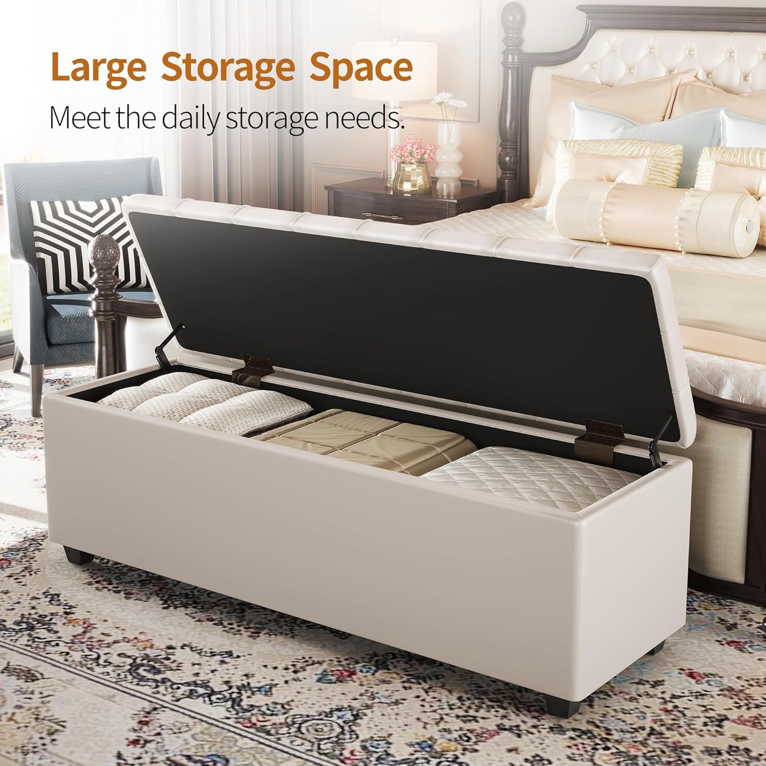 Small 38 Inches Long White Ottoman Bench with Storage,Footstool Furniture End of Bed Benches,Faux Leather Ottomans and Seat for Foot Rest in Bedroom, Living Room, Entryway