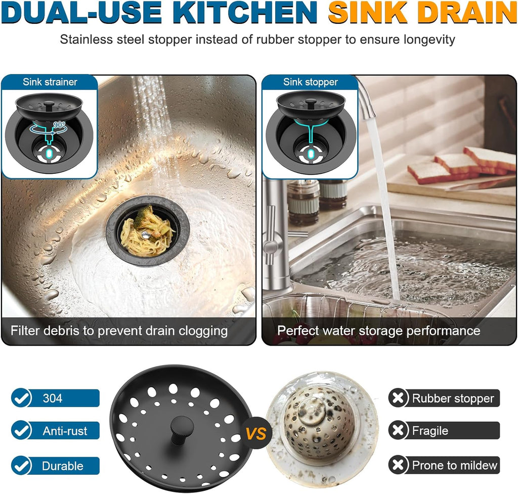 BOTEMY Stainless Steel Black Sink Drain Strainer Kit 3-1/2 inch Kitchen Drain Assembly with Metal Center Knob Basket Stopper Replacement for Standard Kitchen Sinks, Matte Black