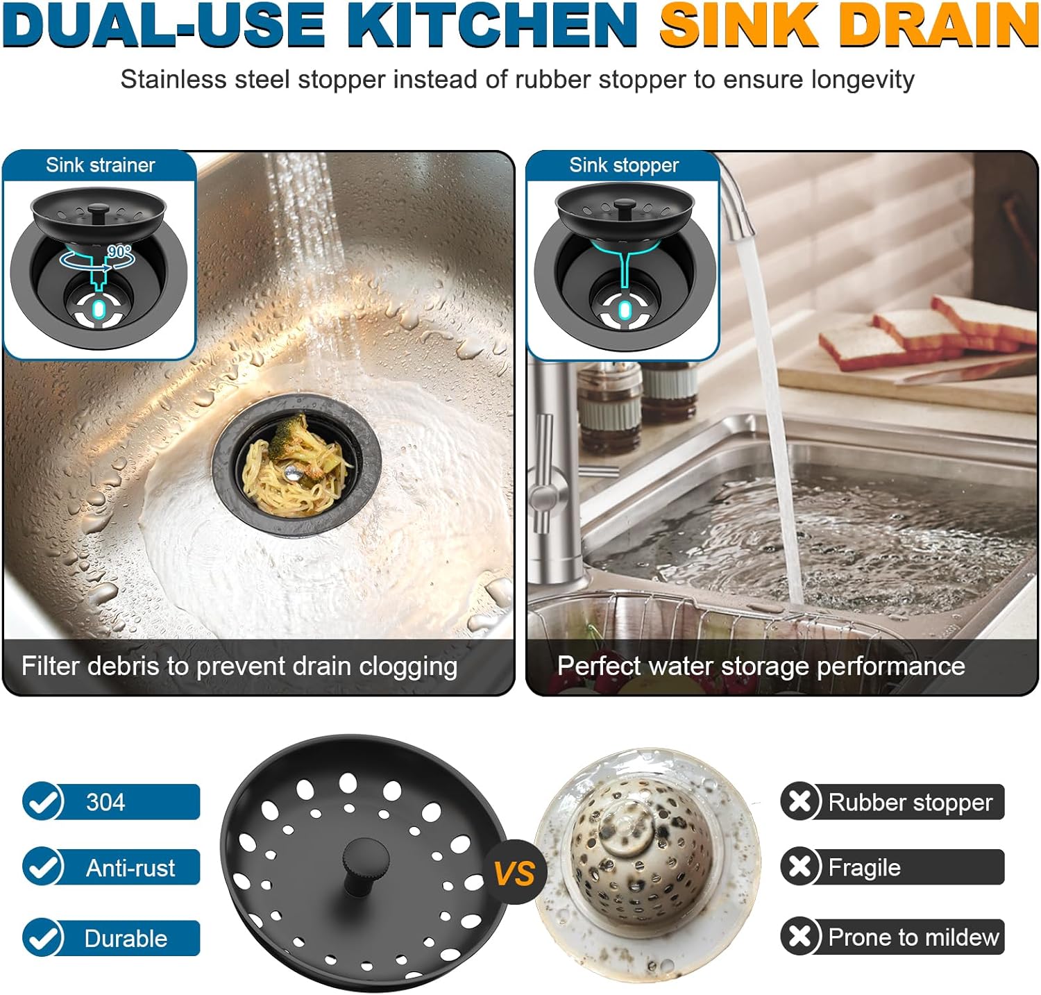 BOTEMY Stainless Steel Black Sink Drain Strainer Kit 3-1/2 inch Kitchen Drain Assembly with Metal Center Knob Basket Stopper Replacement for Standard Kitchen Sinks, Matte Black