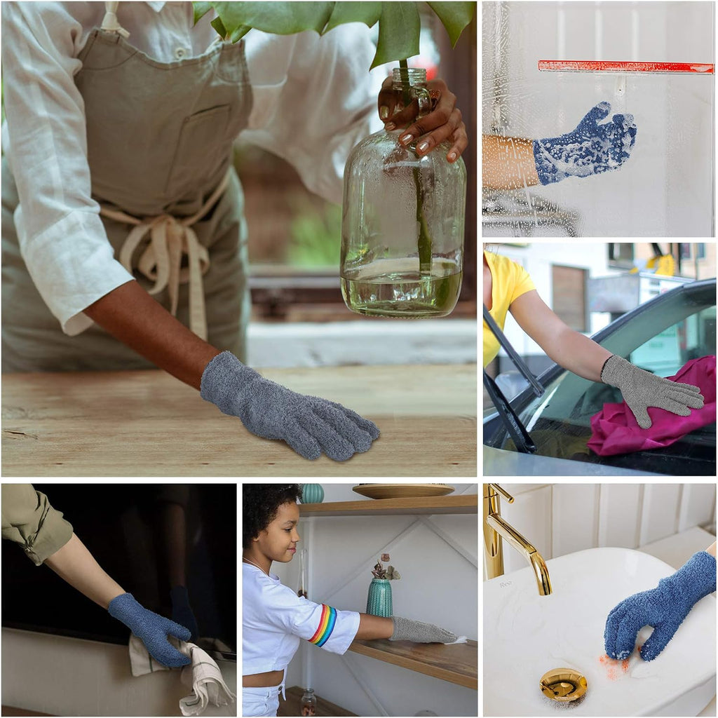 Patelai 2 Pairs Microfiber Gloves for plants Dusting Cleaning Glove Mittens House Cars Blinds Dusting(Gray, Dark Blue, Large)