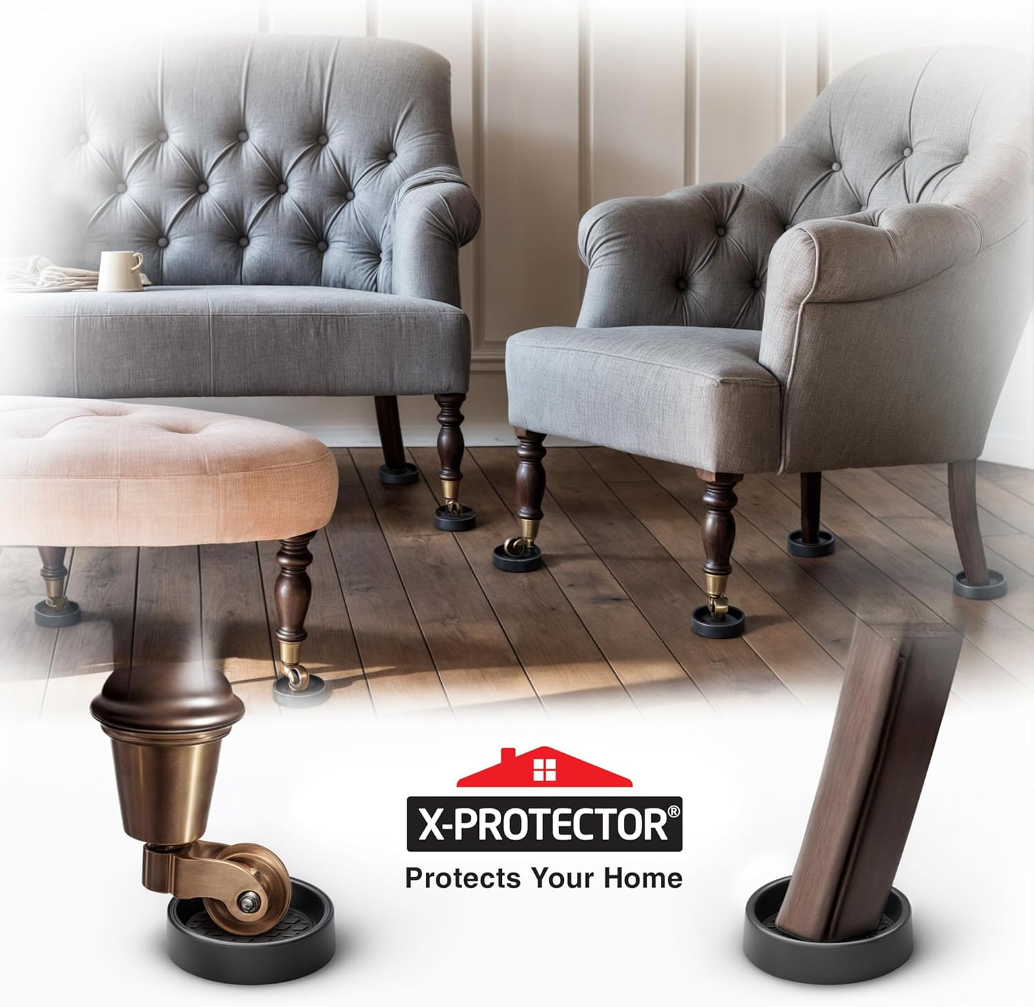 Furniture Cups X-PROTECTOR – 2.5" Caster Cups 8 PCS – Round Furniture Coasters – Ideal Bed Stoppers – Non Skid Furniture Pads with a Perfect Design – Rubber Furniture Pads - Protect Any Flooring!