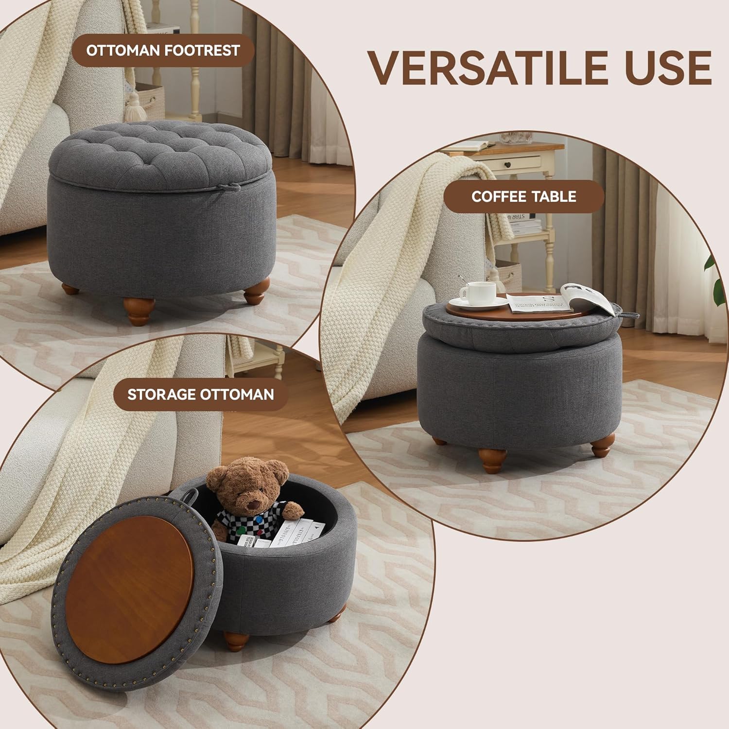 24Inch Round Storage Ottoman with Tray, Modern Tufted Fabric Circle Coffee Table with Storage, Upholstered Ottoman with Removable Top for Living Room, Bedroom, Dark Grey