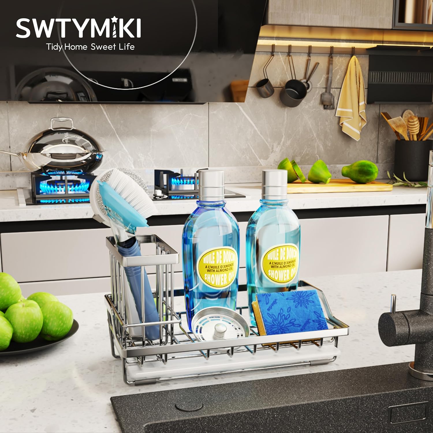 SWTYMIKI Multifunctional Kitchen Sink Caddy - Large Sponge Holder for Kitchen Sink with Removable Brush Holder + Drip Tray, Silver