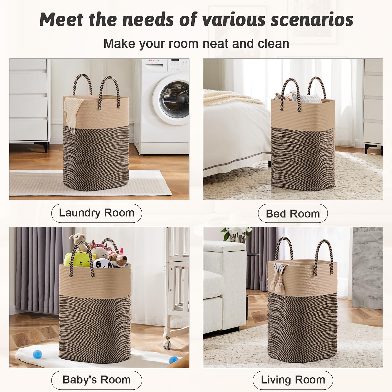 Laundry Basket,Woven Cotton Rope Laundry Hamper,Versatile Storage for Dirty Clothes,Baby Toys,and Blankets in Bathroom, Nursery,and Living Room (Jute, 40L)