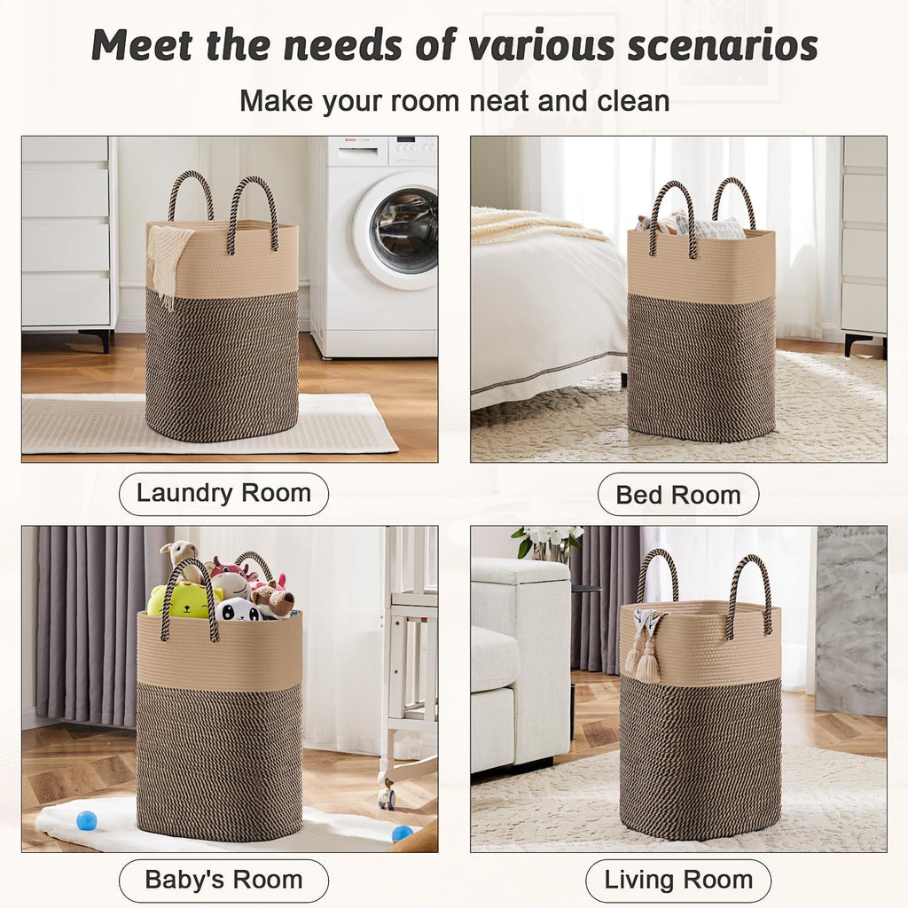 Laundry Basket,Woven Cotton Rope Laundry Hamper,Versatile Storage for Dirty Clothes,Baby Toys,and Blankets in Bathroom, Nursery,and Living Room (Jute, 60L)