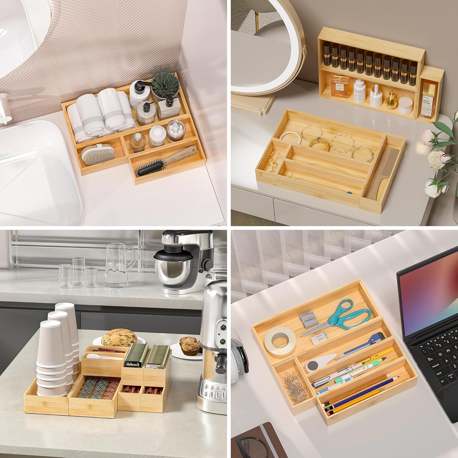 Kitchen Drawer Organizer Bins, Stackable Bamboo Deep Drawer Organizer for Silverware, Utensils, Cutlery, Flatware, Junk Drawer, Dresser, Bathroom, 15" x 6" x 2.5" (Set of 2)