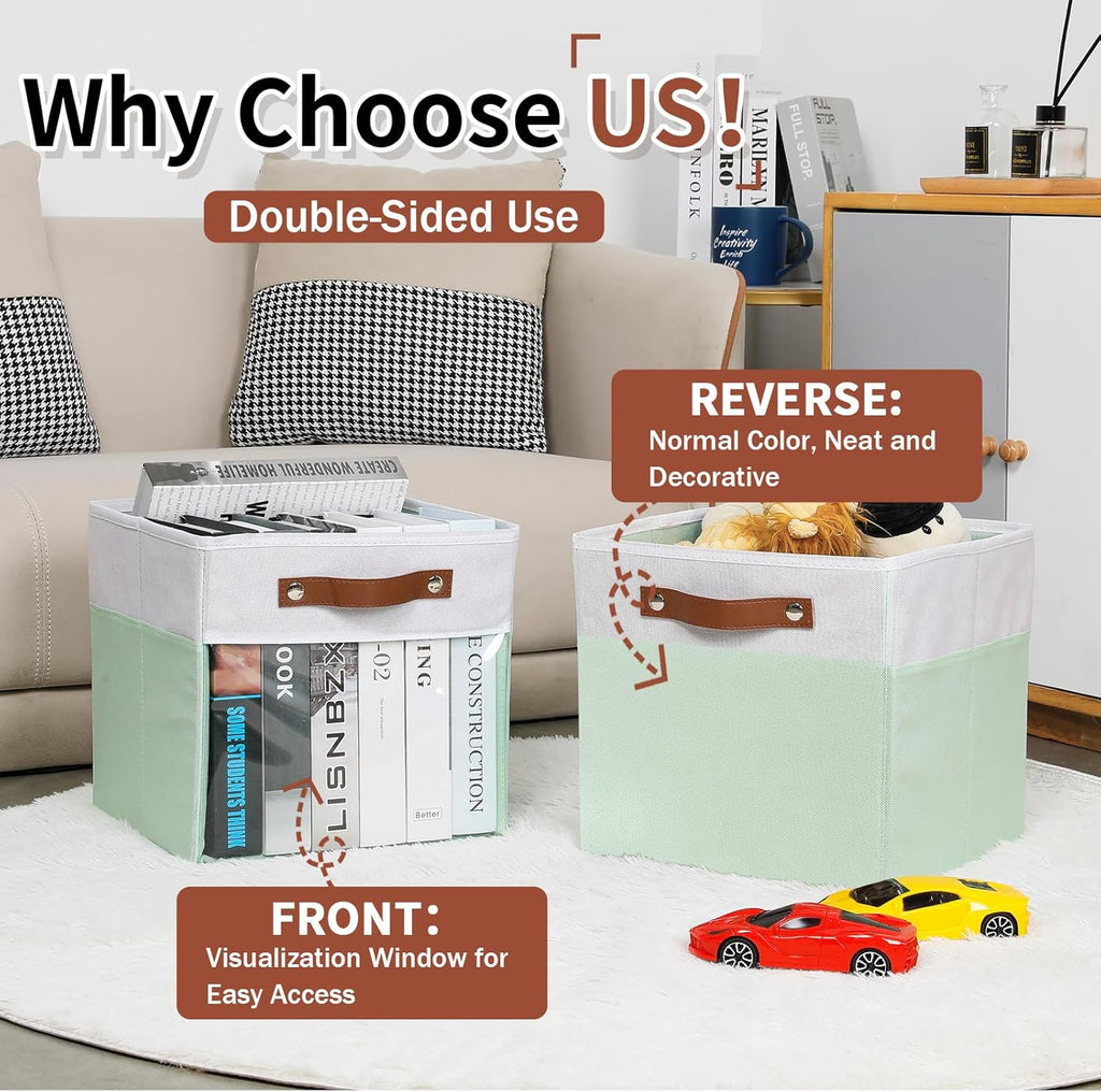 HNZIGE Clear Storage Cubes Bins 11 x 11, Fabric Storage Cube Bins for Storage Organizer,Shelf Storage Bin for Organizing, Cubby Foldable Cube Organizer Bin for Storage Blanket Home(White Green 6PCS)