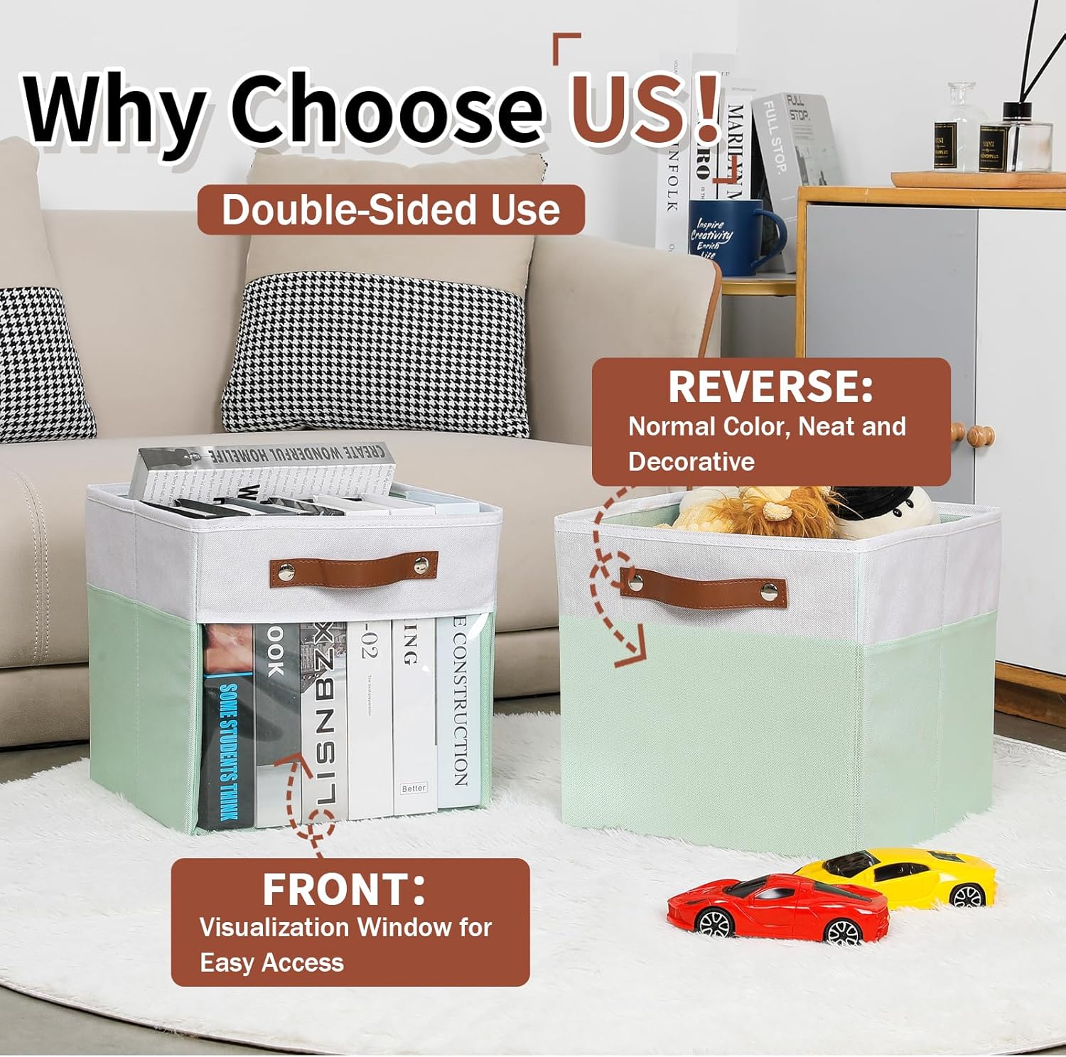 HNZIGE Clear Storage Cubes Bins 11 x 11, Fabric Storage Cube Bins for Storage Organizer,Shelf Storage Bin for Organizing, Cubby Foldable Cube Organizer Bin for Storage Blanket Home(White Green 6PCS)