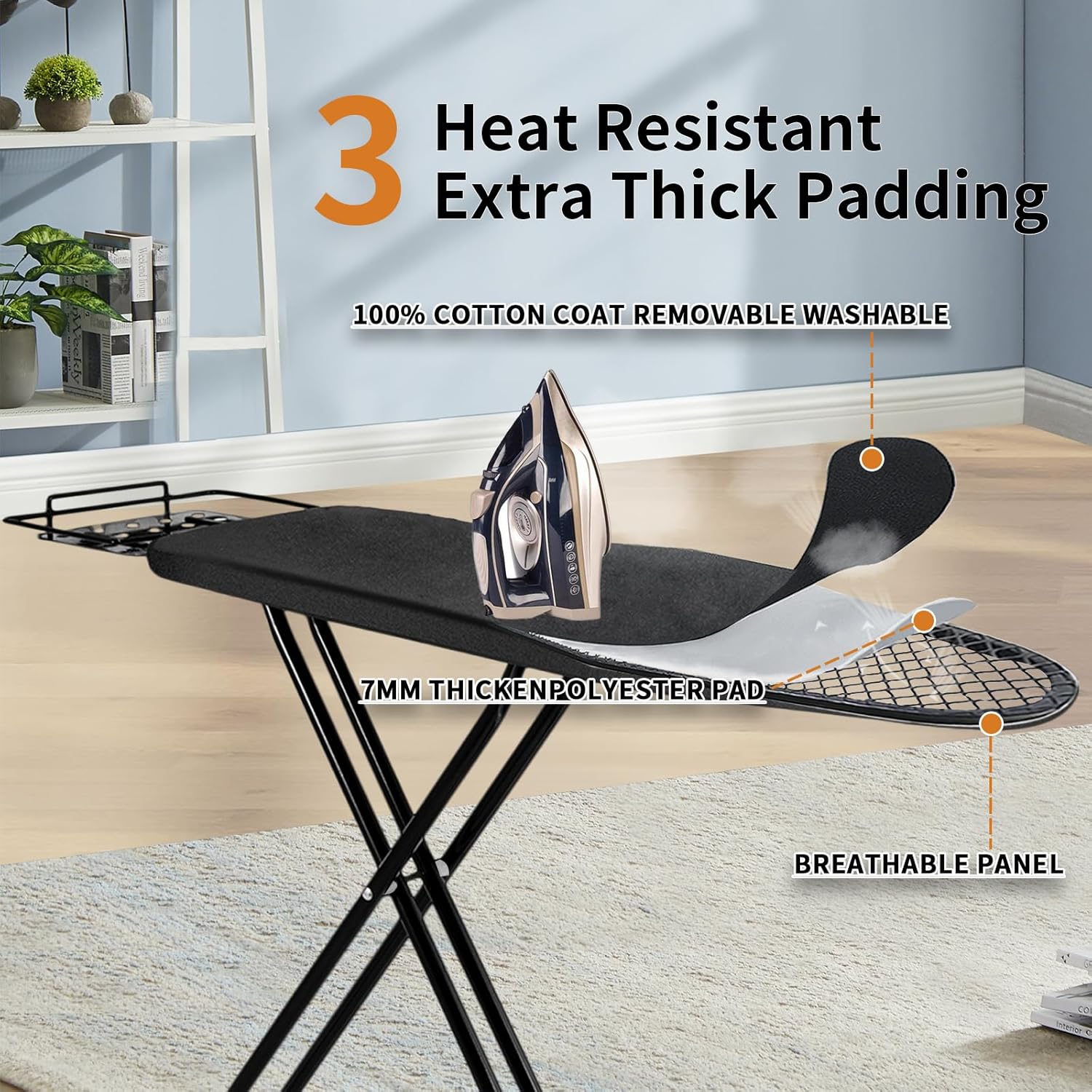 Ironing Board,52x14 Inch Iron Board with Steam Rest, Heavy Duty Metal Frame Legs Ironing Table with Heat Resistant Cover Mat, Foldable Full Size Hanger Ironing Stand, 5 Adjustable Height, Black