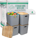 Storage Bins with Bamboo Lid – Stackable, Multi-Purpose Organizers for Pantry, Closet, Kitchen, and Home – Elegant Wicker-Style Design with Ergonomic Handles (Grey)