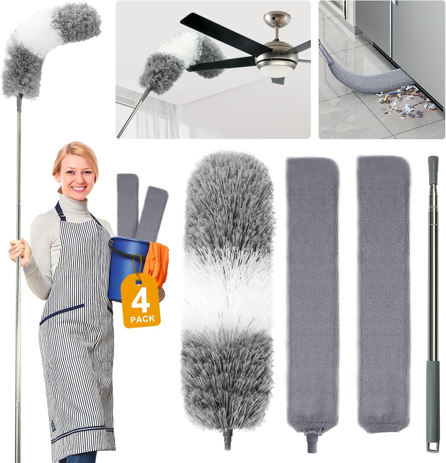 4 Pcs Dusters for Cleaning, 2 in 1 Microfiber Dusters and Retractable Gap Dust Cleaner with 1 Microfiber Dusting Cloths Long Handle 30-100 Inches Extension Pole for Ceiling Fan Cleaning Supplies