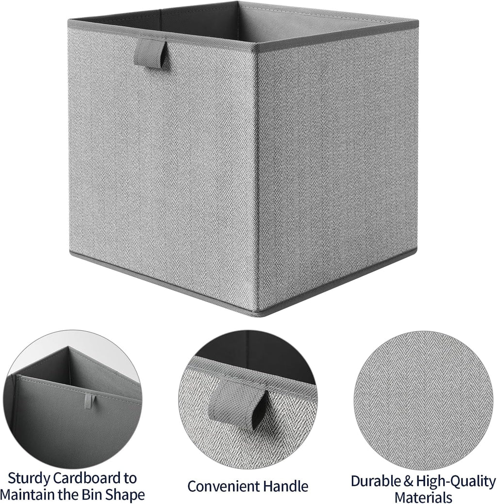 Storage Baskets, 11.8-Inch Woven Fabric Bins, Storage Cubes with Reinforced Handles, Organizer Bins for Closet Shelves, Foldable, for Toys, Clothes, Natural Beige (4PCS/Grey-11.8*11.8*11.8inch)