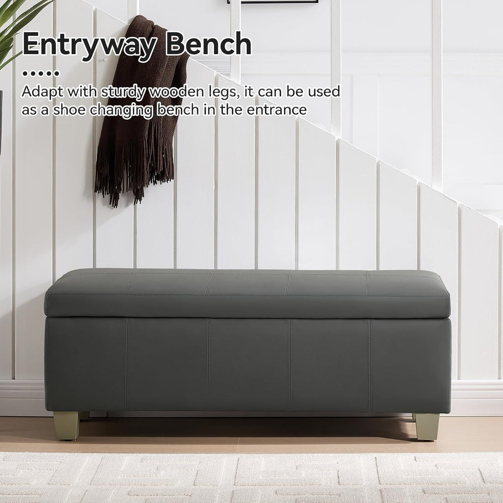 41" Faux Leather Storage Ottoman, Stitch Tufted Rectangle Upholstered End of Bed Storage Bench, Entryway Large Couch Ottoman with Wooden Legs,Dark Grey