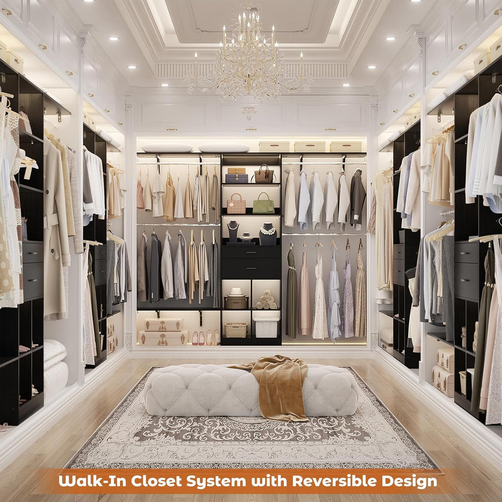 Closet System - 4.75-8FT Closet Organizer System with Wooden Drawers & Cube Storage Organizer, Up To 96" Closet Systems for Nursery & Walk-In Closets with Cuttable Hanging Shelving, Black