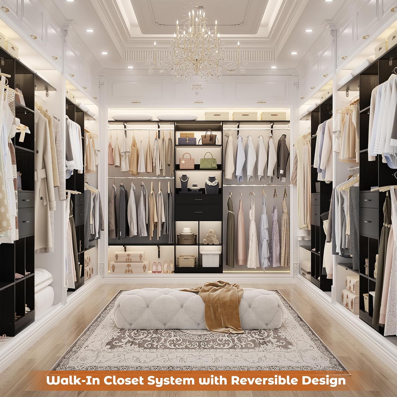 Closet System - 4.75-8FT Closet Organizer System with Wooden Drawers & Cube Storage Organizer, Up To 96" Closet Systems for Nursery & Walk-In Closets with Cuttable Hanging Shelving, Black