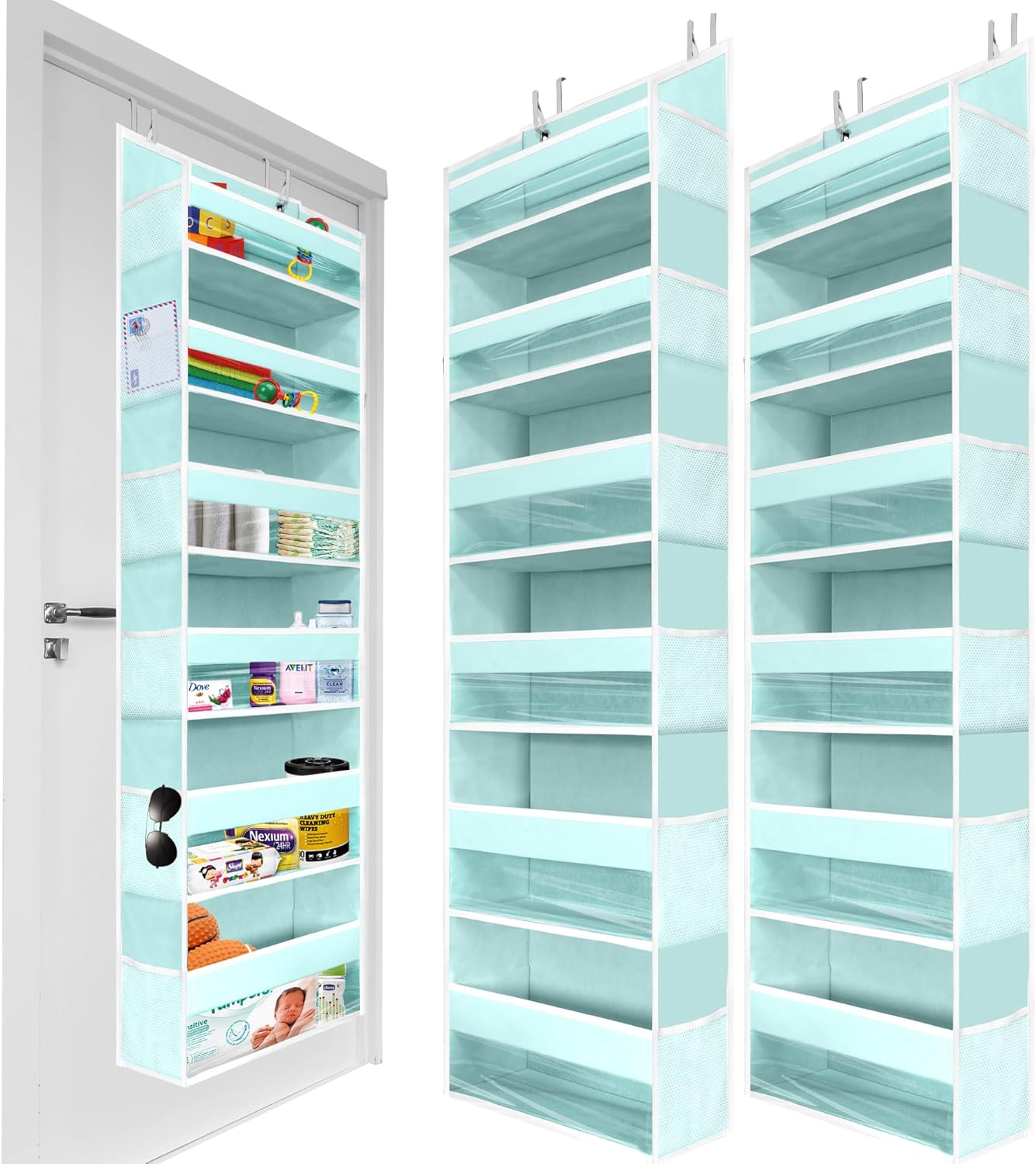 HOMELUX THEORY 2 PC Heavy Duty Over the Door Organizer 55x14x6.7, 6 Large Front & 12 Side Pockets, Hanging Storage Closet Door Organizer for Bedroom, Bathroom and Baby Nursery Storage (Baby Blue)