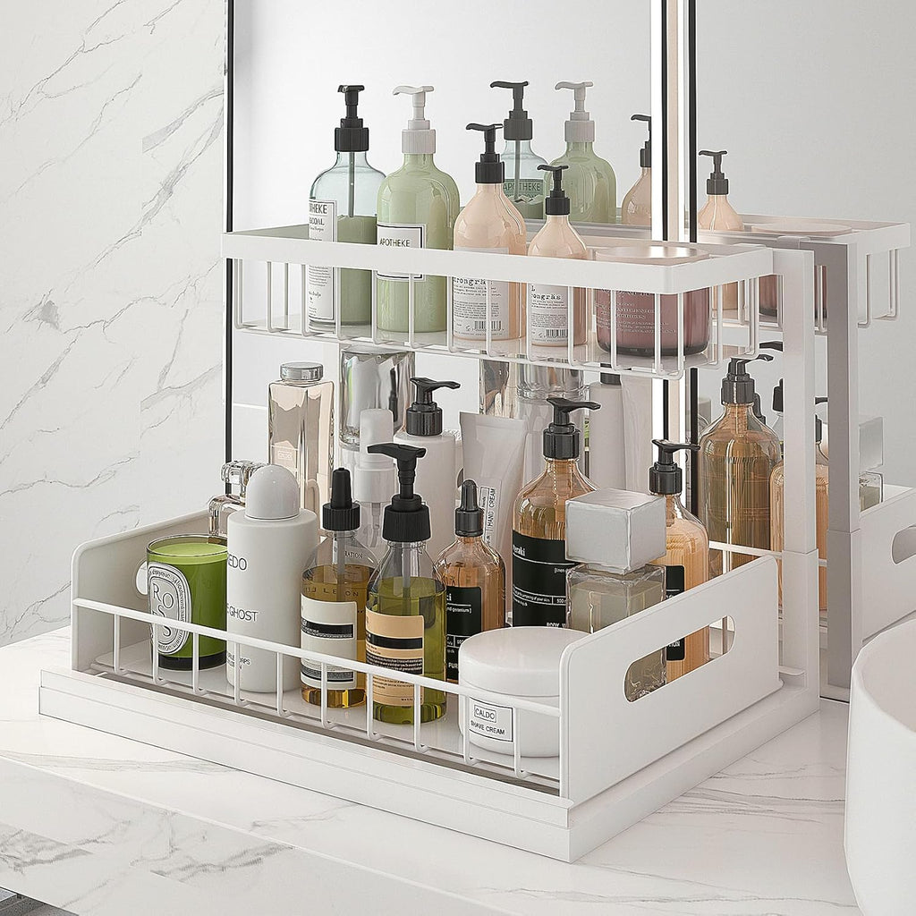 bukfen Under Sink Organizer, Pull Out Home Organizers 2-Tier Slide Out Sliding Shelf Under Cabinet Storage Multi-Use for Under Kitchen Bathroom Sink Organizers and Storage,White,2 Pack
