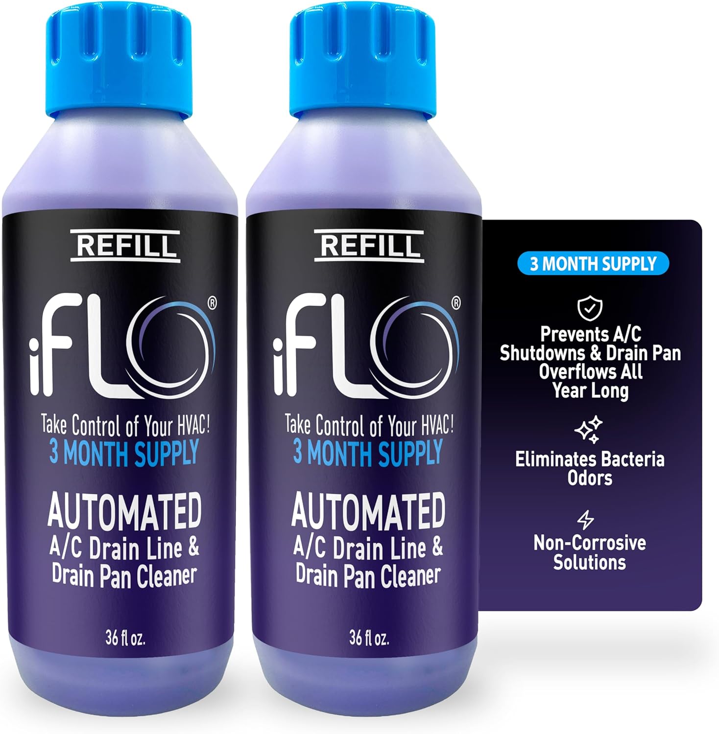 iFLO® Smart A/C Drain Line Cleaner and Drain Pan Cleaner Cartridge, Fast-Acting, Long-Lasting HVAC System Solution for Tough Clogs & Buildup, 3-Month Supply per Bottle, 2 Pack of 36oz