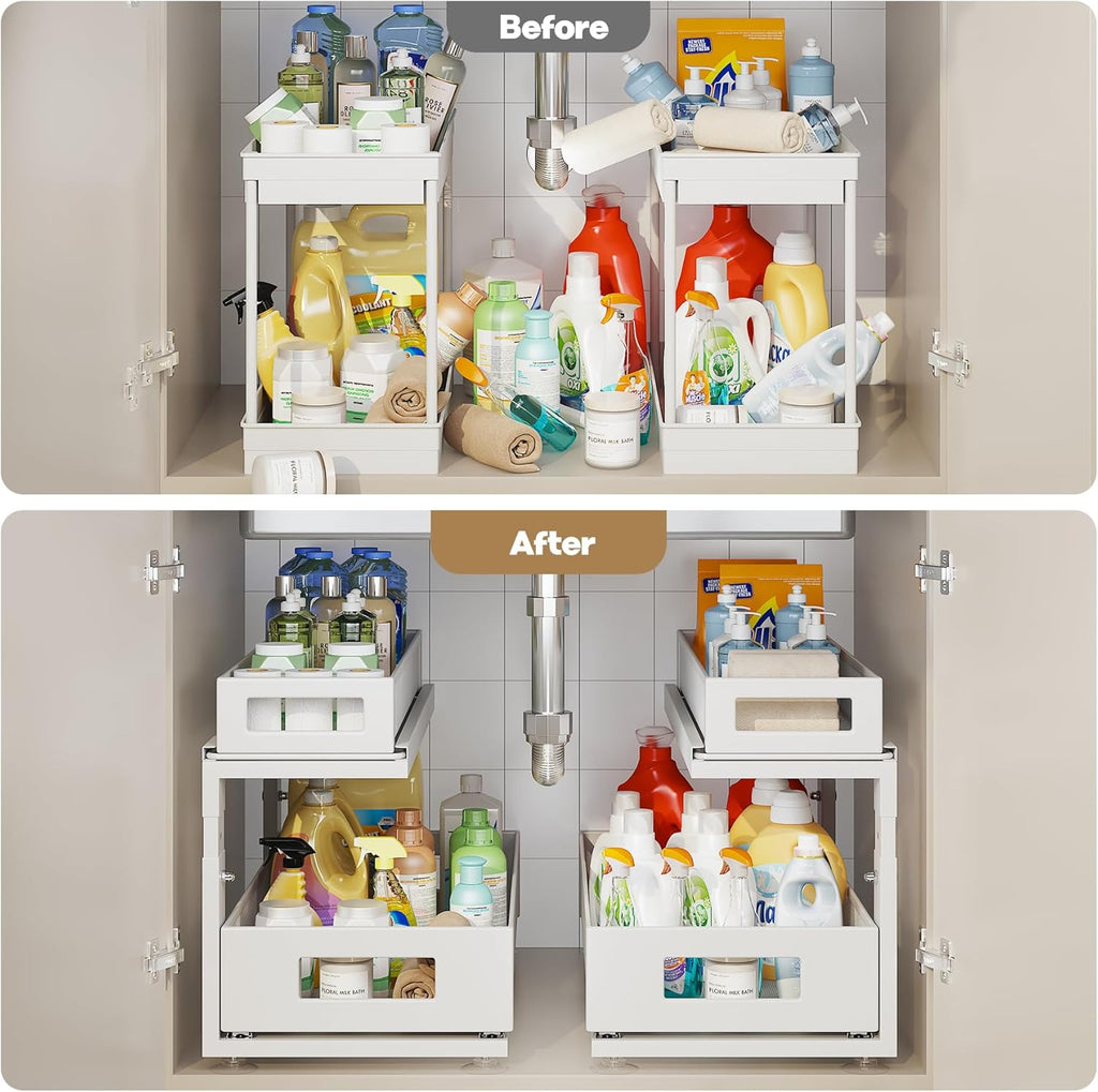 2 Pack 18.5IN-Depth Under Sink Organizer With Next-Gen Ball-Bearing Slides,2-Tier Pull Out Cabinet Storage,Height Adjustable Drawer Shelf for Bathroom,Kitchen,Laundry,Cabinet,Pantry-White