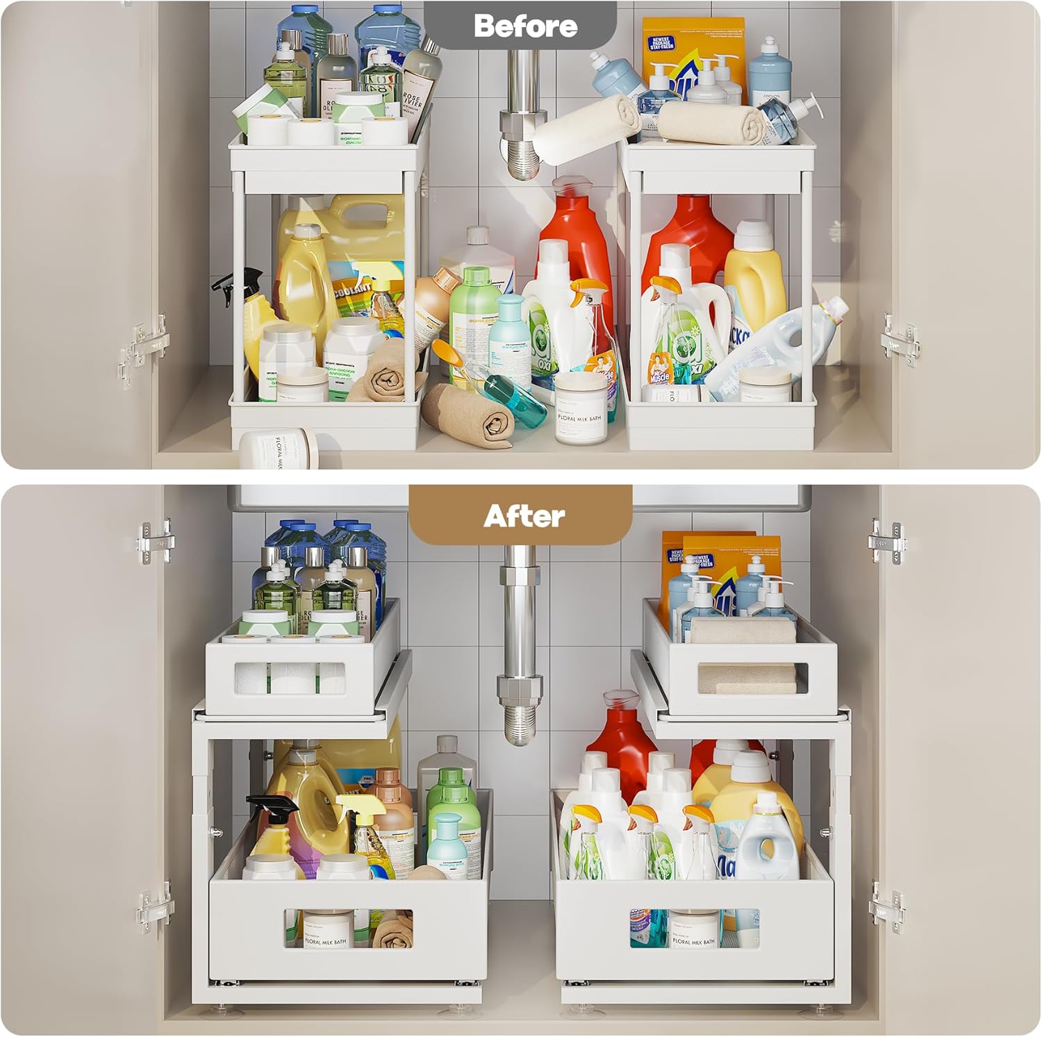 2 Pack 18.5IN-Depth Under Sink Organizer With Next-Gen Ball-Bearing Slides,2-Tier Pull Out Cabinet Storage,Height Adjustable Drawer Shelf for Bathroom,Kitchen,Laundry,Cabinet,Pantry-White
