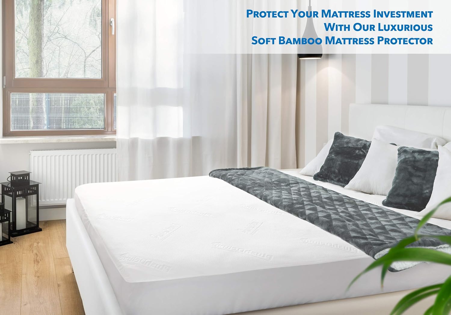 PlushDeluxe Premium Bamboo Mattress Protector – Queen Size, Waterproof, & Ultra Soft Breathable Noiseless Washable Bed Mattress Cover for Comfort & Protection - White