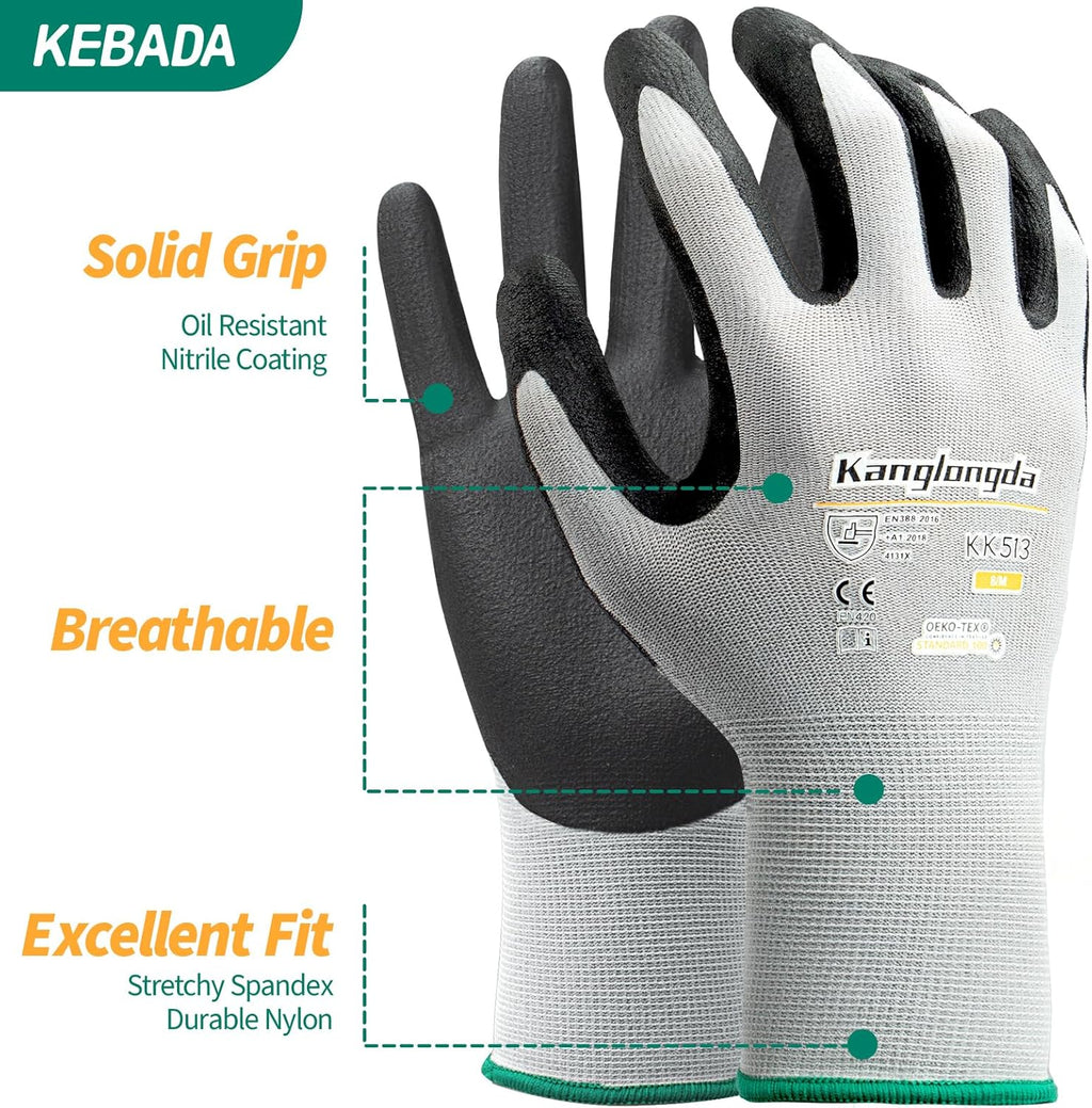 6-Paris XL Work Gloves for Men and Women, Nitrile Coated Safety Protective Gloves with Grip, Ideal for Gardening, Warehouse, Mechanic, Light Duty Construction Work