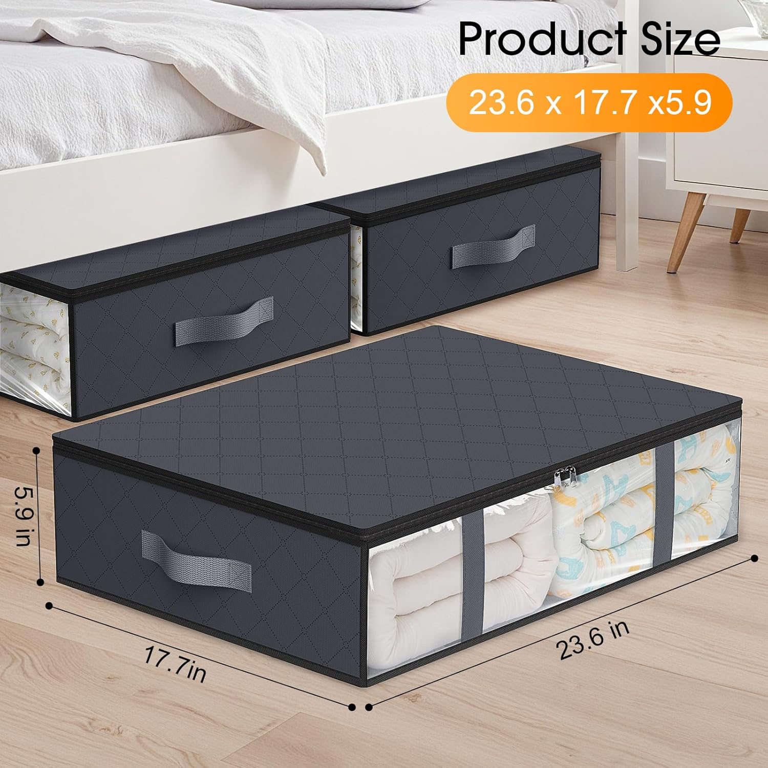 StorageRight Under Bed Storage Bins, 6-Pack 40L Foldable Fabric Storage Bags with Transparent Window, Breathable Organizer for Clothes/Blanket/Comforter/Quilt, Grey